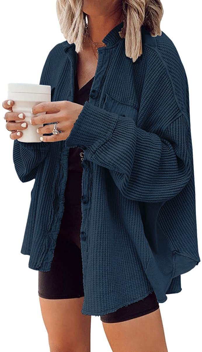 Women's Oversized Button Down Shirt Jacket - Lapel Long Sleeve Blouse Shacket Casual Fashion Top