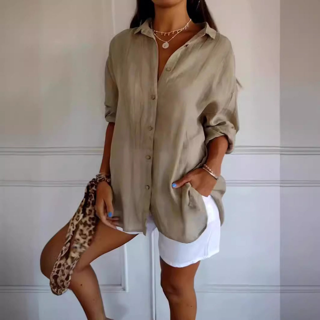 Women's Lapel Long Sleeve Pleated Shirt - Single Breasted Button Down Blouse Casual Elegant Tops