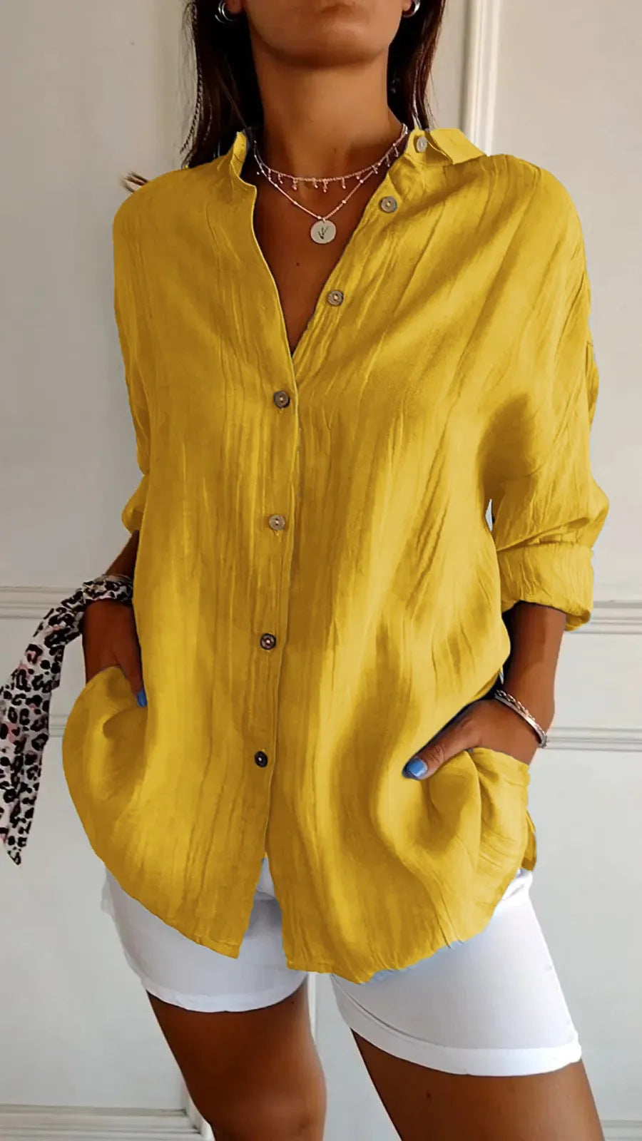 Women's Lapel Long Sleeve Pleated Shirt - Single Breasted Button Down Blouse Casual Elegant Tops