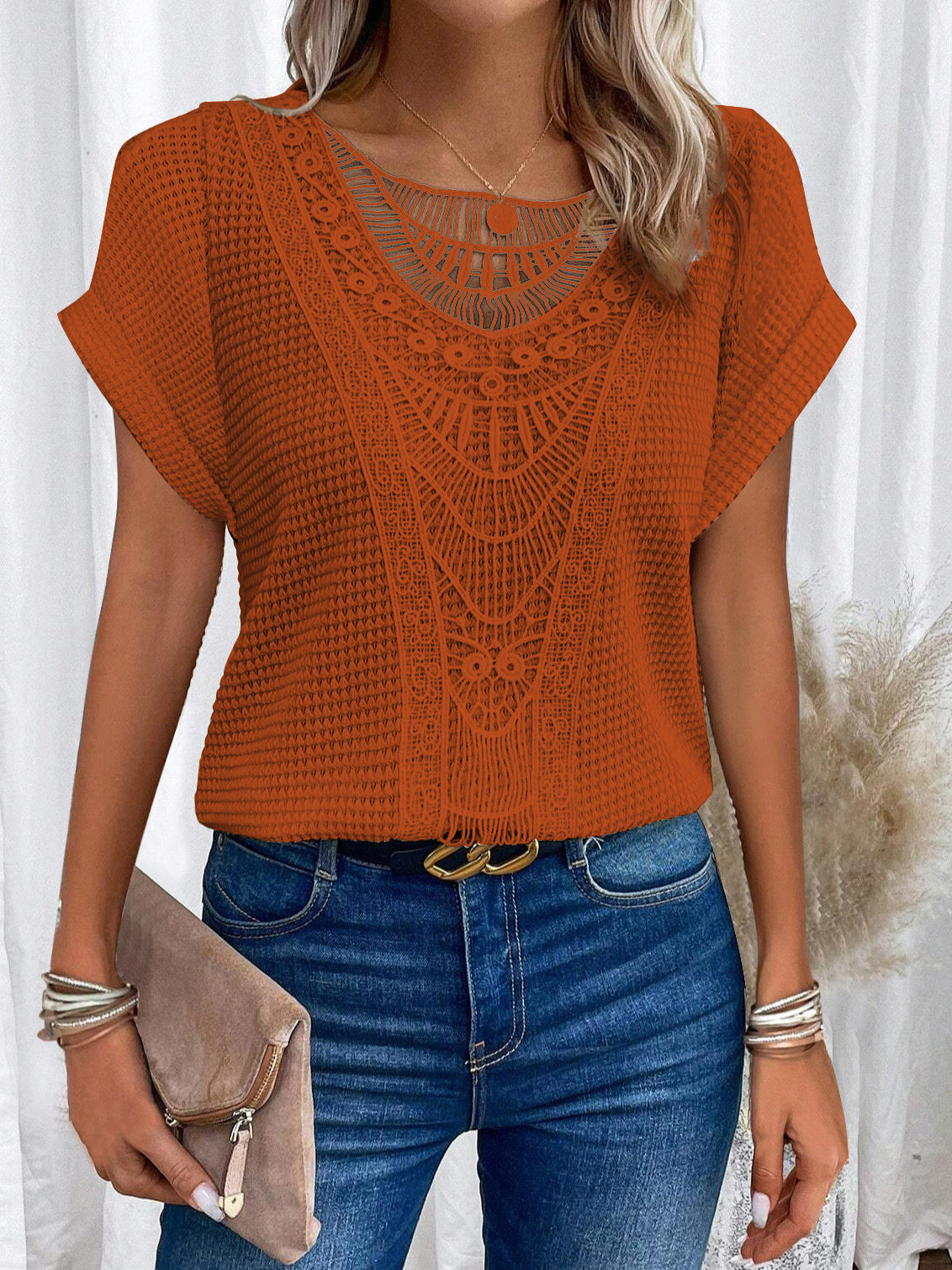 Women's Summer Hollow Out Short Sleeve T-Shirt - Ethnic Style Fashion Top