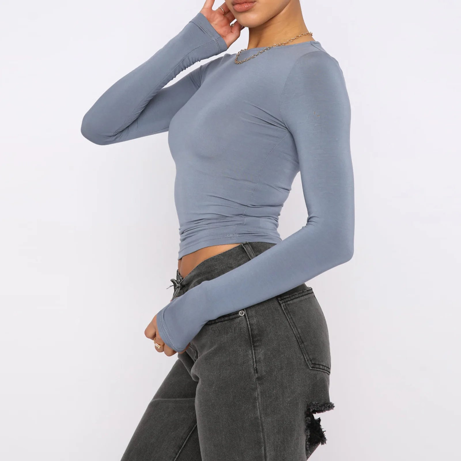 Women's Slim Fit Long Sleeve Pullover Tops - Solid Color Casual Shirt