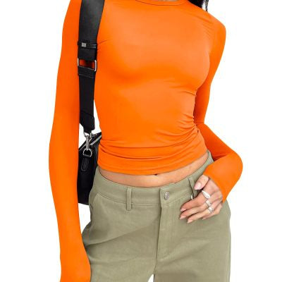 Women's Slim Fit Long Sleeve Pullover Tops - Solid Color Casual Shirt