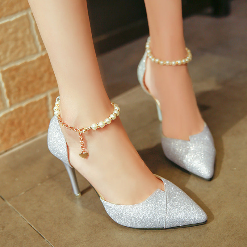 Women's Pearl Beaded Sequined High Heel Pumps - 10CM Bling Party Pointed Toe Heels
