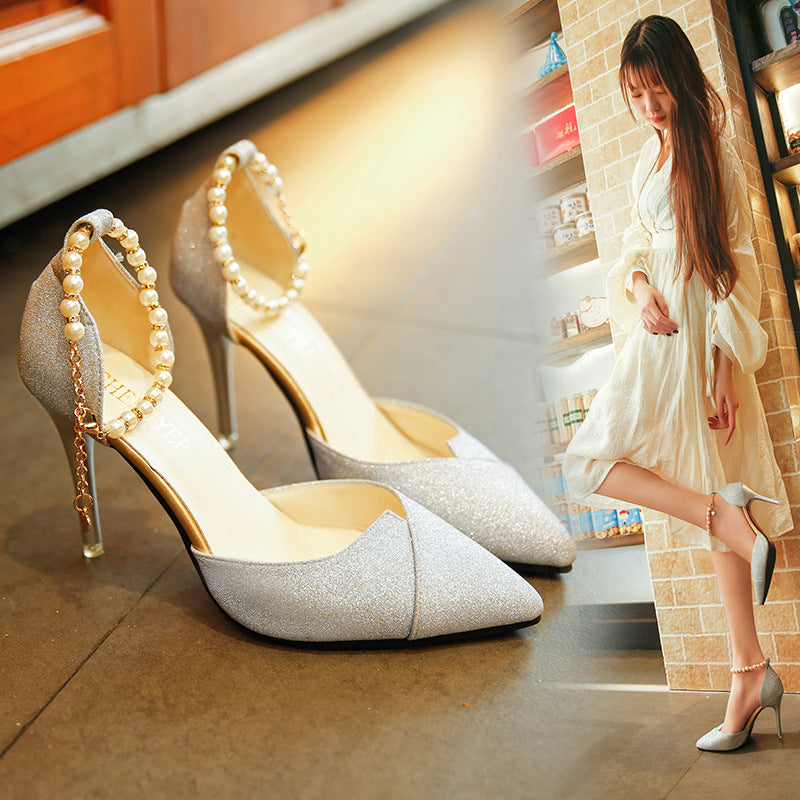 Women's Pearl Beaded Sequined High Heel Pumps - 10CM Bling Party Pointed Toe Heels