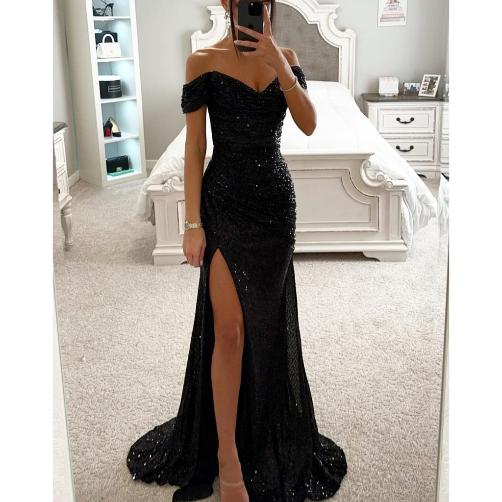 Women's Sequin Off-Shoulder Split Party Dress - Slim Fit Charming Casual Fashion Midi/Mini