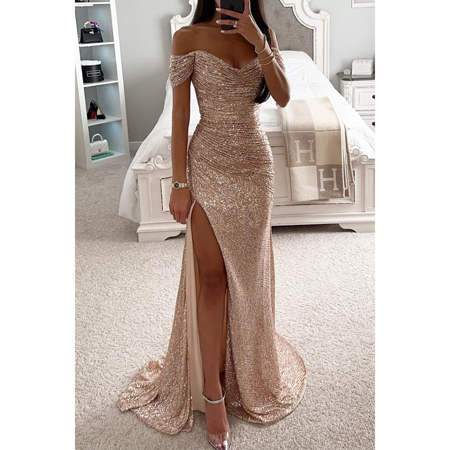 Women's Sequin Off-Shoulder Split Party Dress - Slim Fit Charming Casual Fashion Midi/Mini