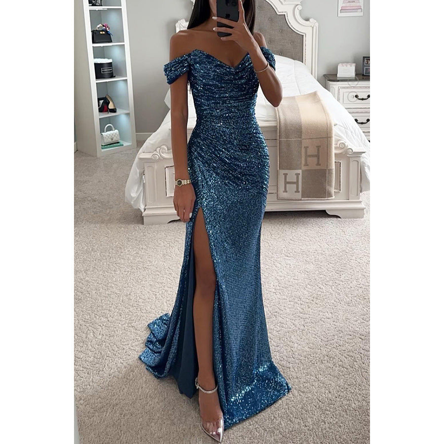 Women's Sequin Off-Shoulder Split Party Dress - Slim Fit Charming Casual Fashion Midi/Mini