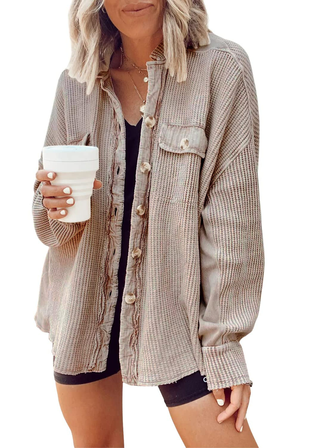 Women's Oversized Button Down Shirt Jacket - Lapel Long Sleeve Blouse Shacket Casual Fashion Top