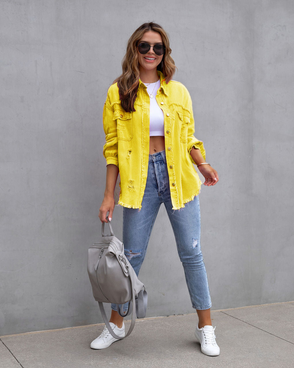 Women's Ripped Shirt Jacket - Lapel Long Sleeve Distressed Denim Shacket Casual Autumn Spring Tops