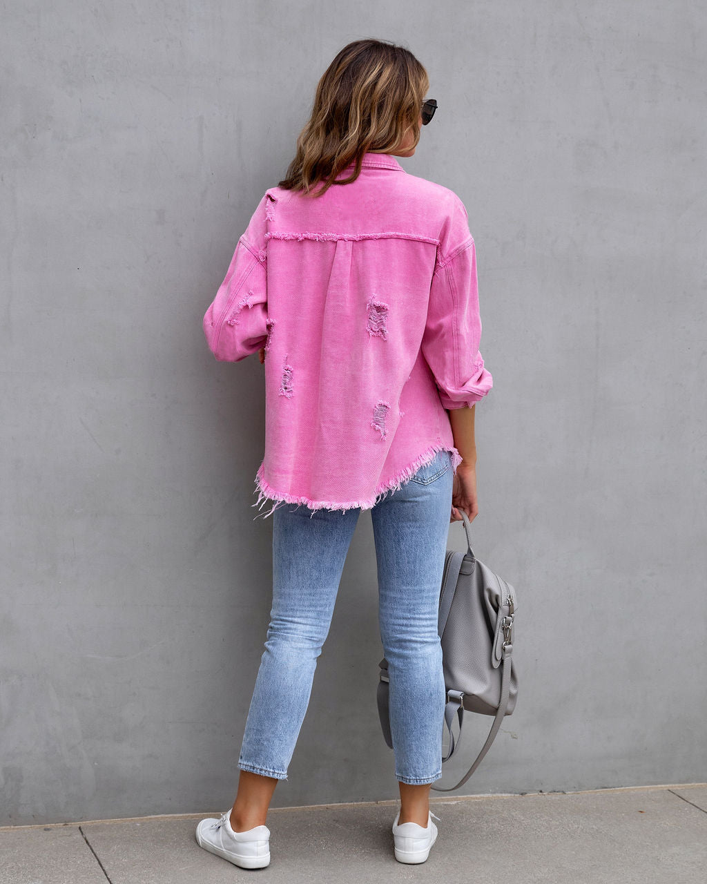 Women's Ripped Shirt Jacket - Lapel Long Sleeve Distressed Denim Shacket Casual Autumn Spring Tops