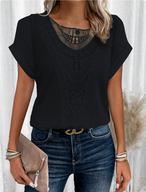 Women's Summer Hollow Out Short Sleeve T-Shirt - Ethnic Style Fashion Top