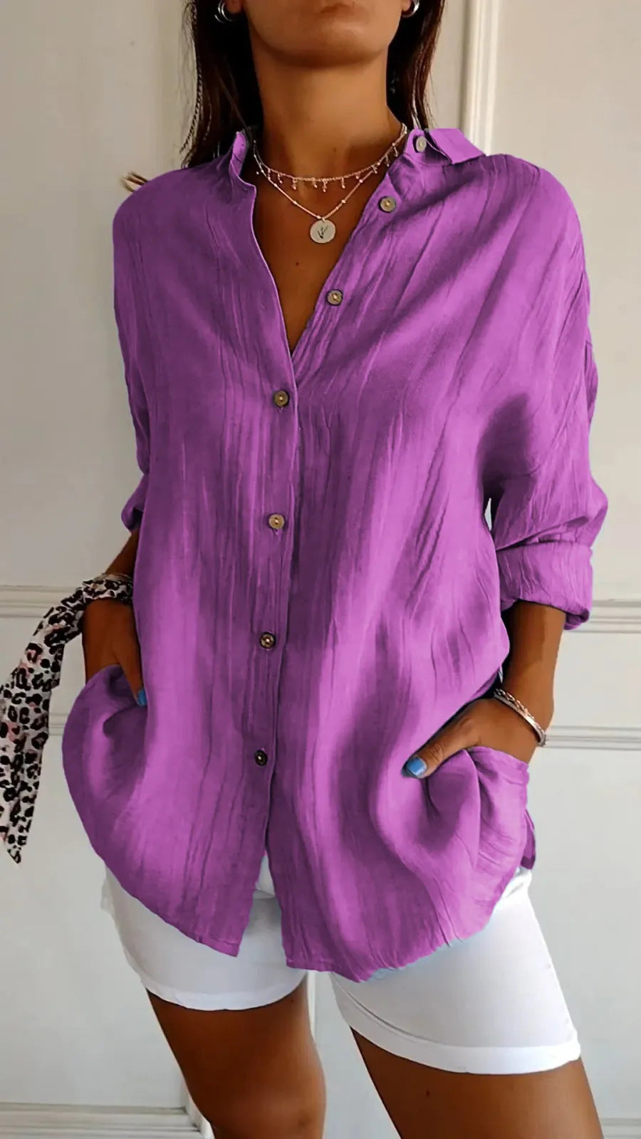 Women's Lapel Long Sleeve Pleated Shirt - Single Breasted Button Down Blouse Casual Elegant Tops