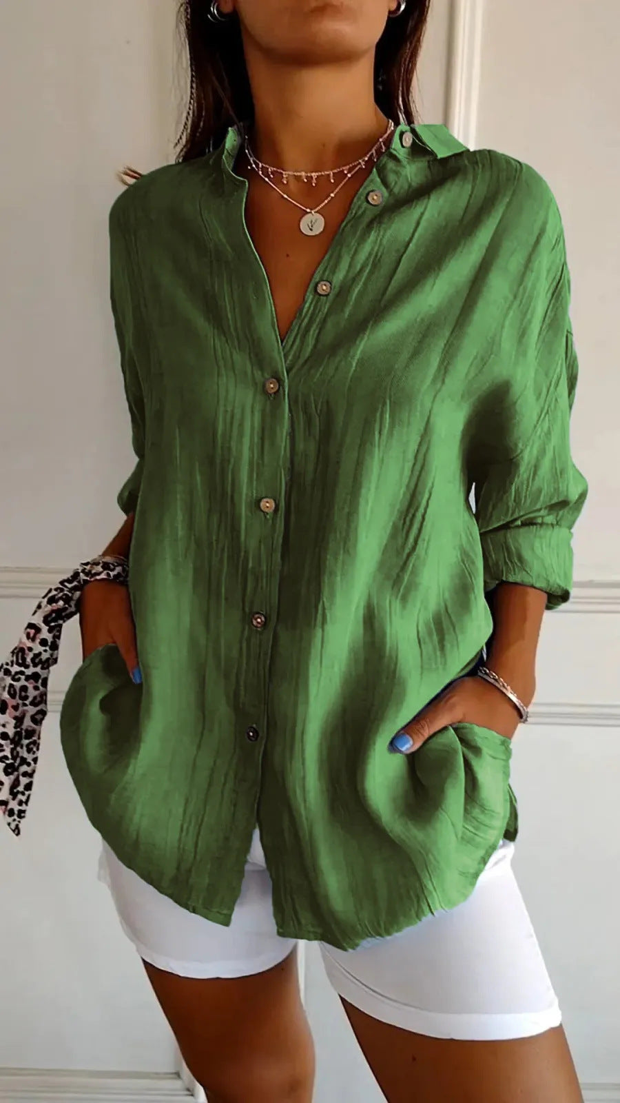 Women's Lapel Long Sleeve Pleated Shirt - Single Breasted Button Down Blouse Casual Elegant Tops