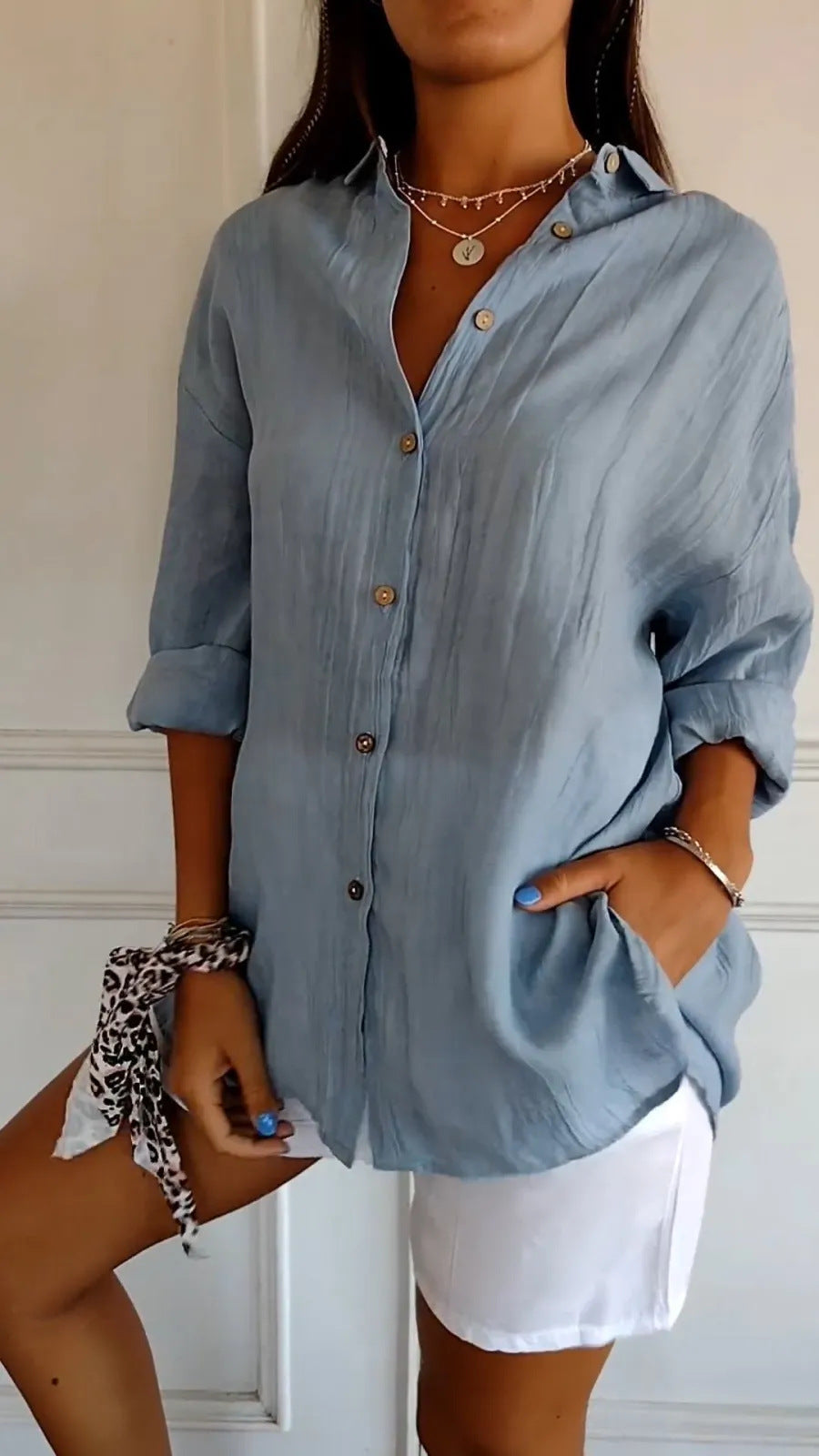 Women's Lapel Long Sleeve Pleated Shirt - Single Breasted Button Down Blouse Casual Elegant Tops