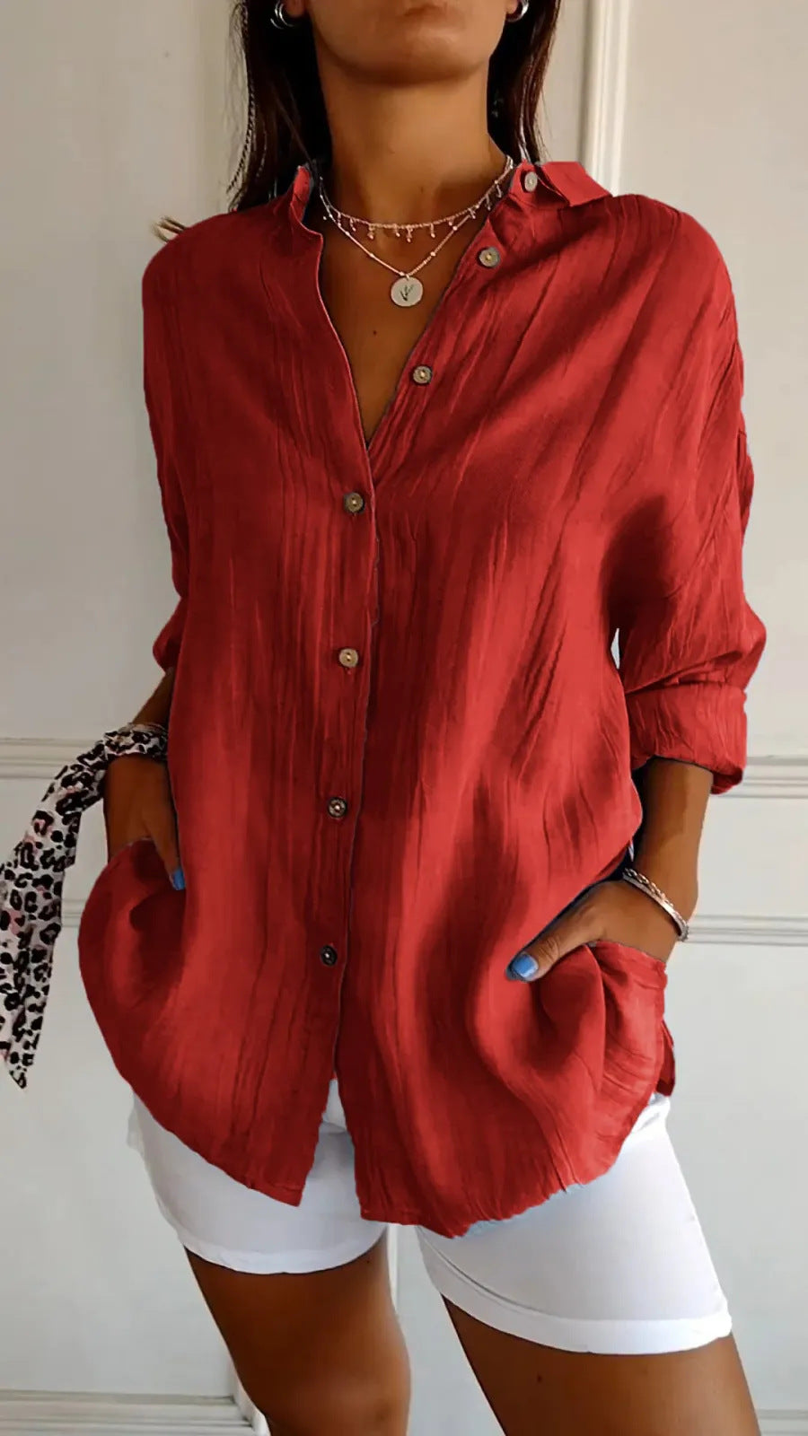 Women's Lapel Long Sleeve Pleated Shirt - Single Breasted Button Down Blouse Casual Elegant Tops