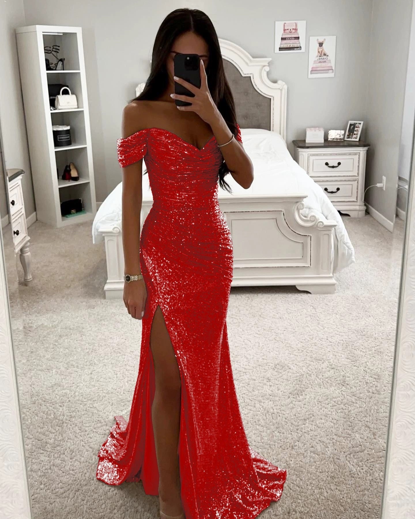 Women's Sequin Off-Shoulder Split Party Dress - Slim Fit Charming Casual Fashion Midi/Mini