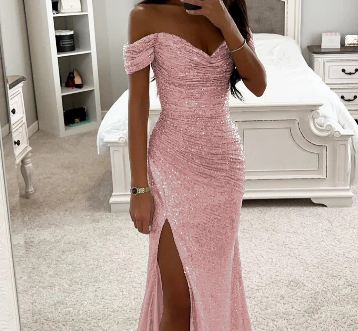 Women's Sequin Off-Shoulder Split Party Dress - Slim Fit Charming Casual Fashion Midi/Mini