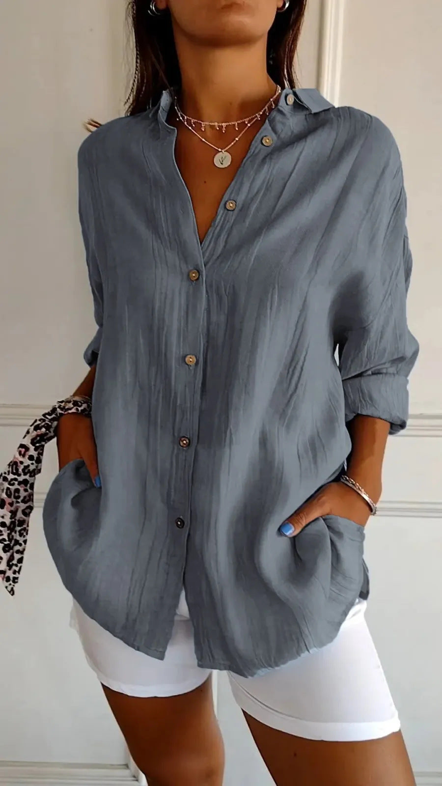 Women's Lapel Long Sleeve Pleated Shirt - Single Breasted Button Down Blouse Casual Elegant Tops