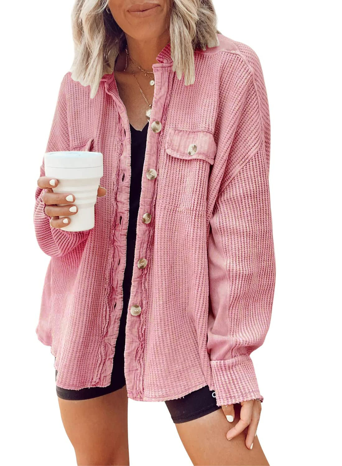 Women's Oversized Button Down Shirt Jacket - Lapel Long Sleeve Blouse Shacket Casual Fashion Top