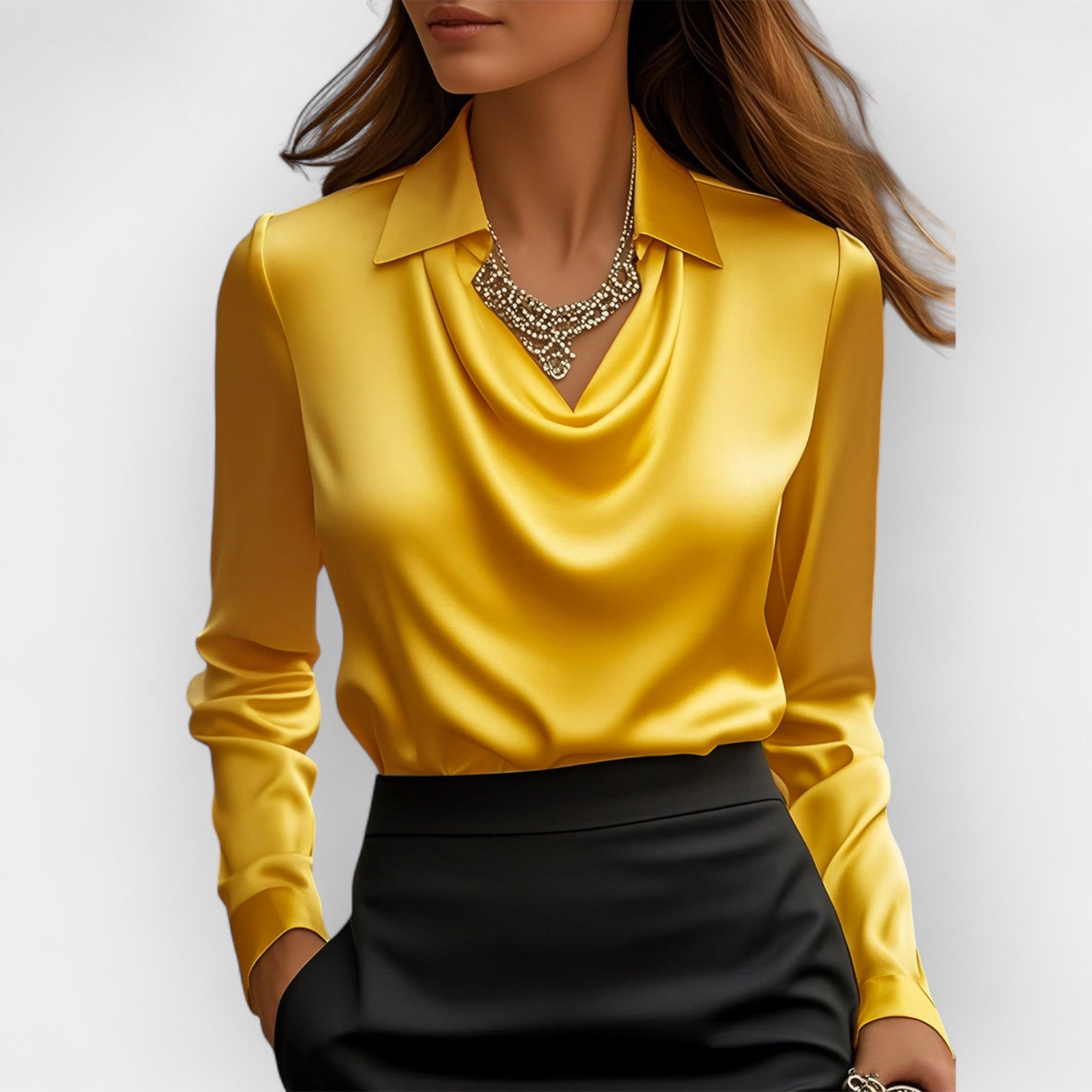 Women's Swing Collar Draped Satin Blouse - Solid Long Sleeve Elegant Office Pullover Top