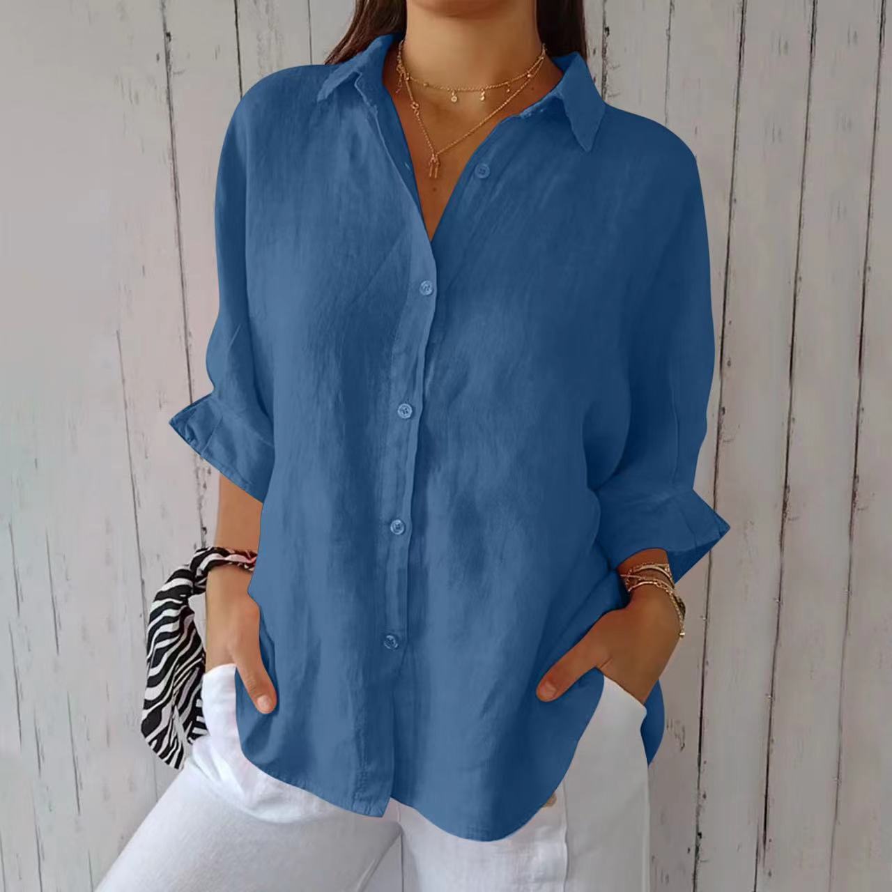 Women's Lapel Long Sleeve Pleated Shirt - Single Breasted Button Down Blouse Casual Elegant Tops