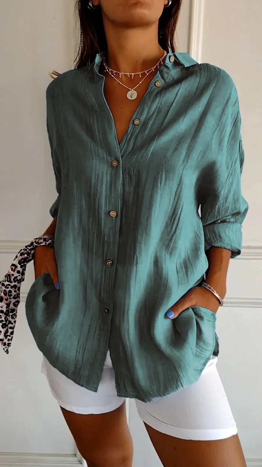 Women's Lapel Long Sleeve Pleated Shirt - Single Breasted Button Down Blouse Casual Elegant Tops