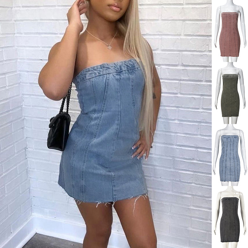 Sexy Strapless Denim Mini Dress – Y2K Backless Summer Dress