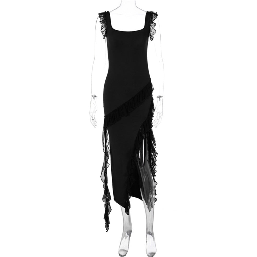 Sexy Ruffle Slit Maxi Dress – Spaghetti Strap Backless Party Dress