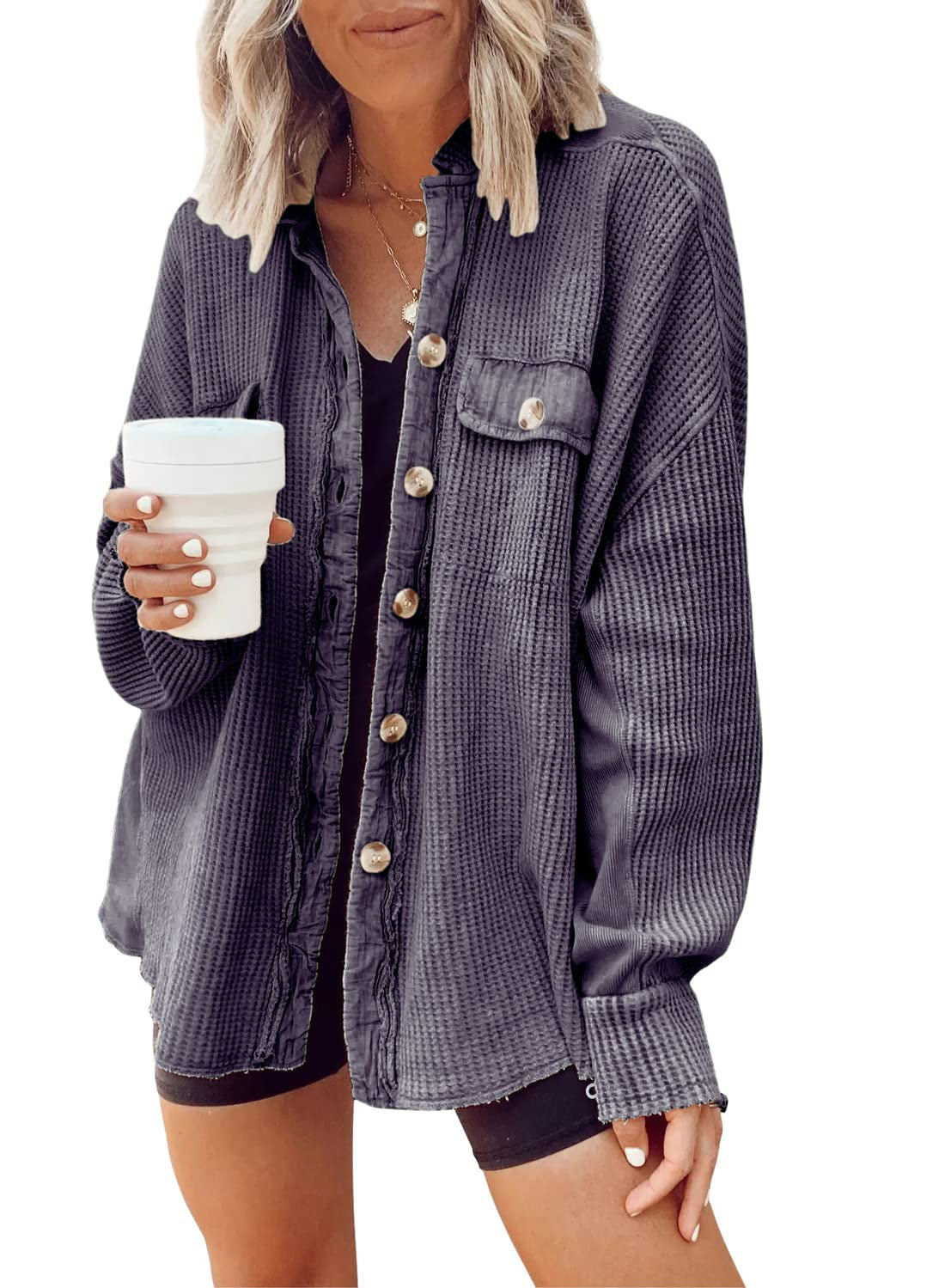 Women's Oversized Button Down Shirt Jacket - Lapel Long Sleeve Blouse Shacket Casual Fashion Top