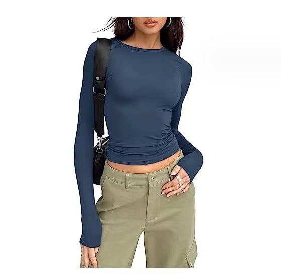 Women's Slim Fit Long Sleeve Pullover Tops - Solid Color Casual Shirt