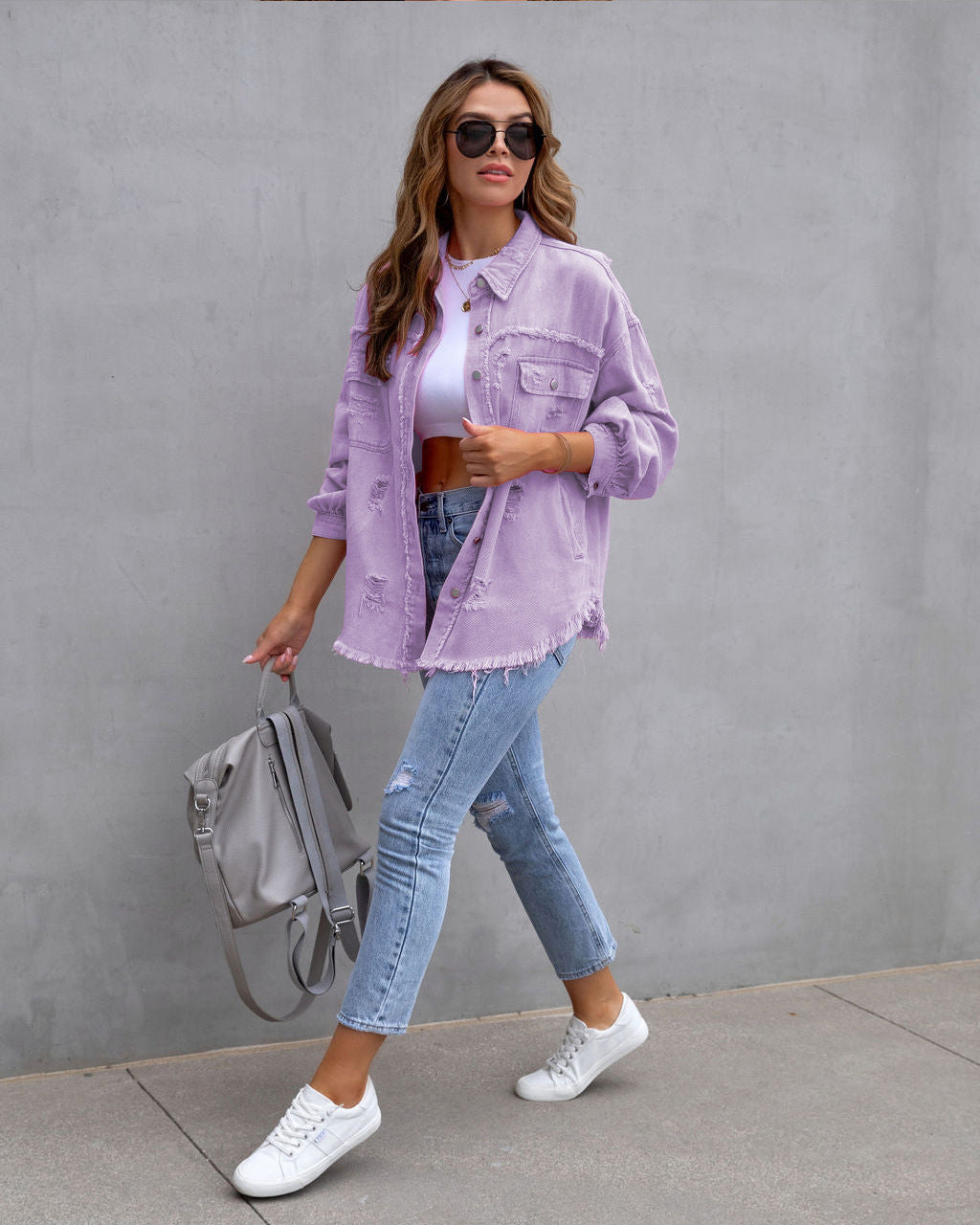 Women's Ripped Shirt Jacket - Lapel Long Sleeve Distressed Denim Shacket Casual Autumn Spring Tops