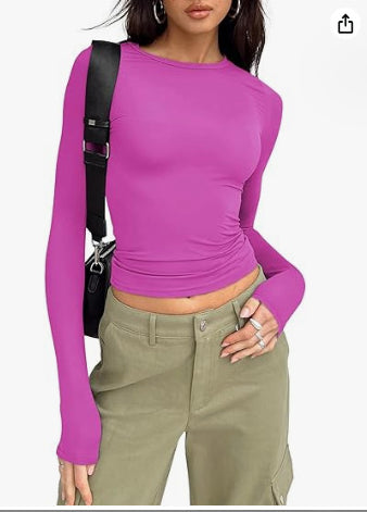 Women's Slim Fit Long Sleeve Pullover Tops - Solid Color Casual Shirt