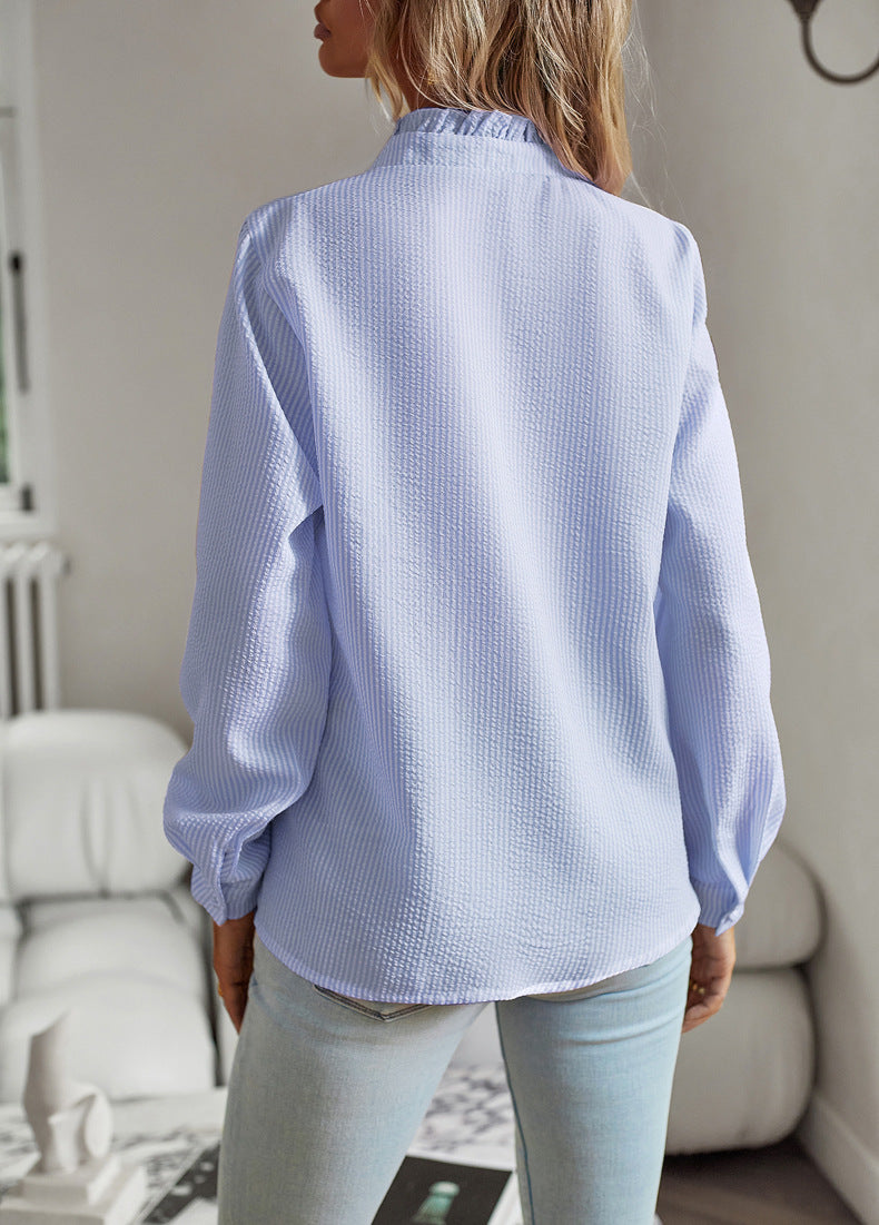 Women's Striped Long Sleeve Ruffle Button Up Shirt - Casual Office Blouse Elegant Top