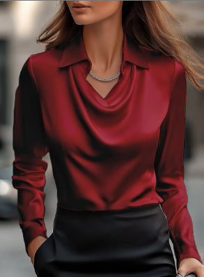 Women's Swing Collar Draped Satin Blouse - Solid Long Sleeve Elegant Office Pullover Top