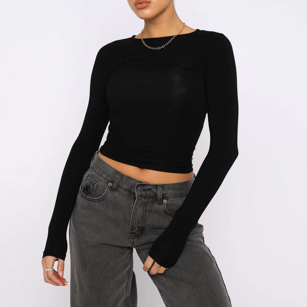 Women's Slim Fit Long Sleeve Pullover Tops - Solid Color Casual Shirt