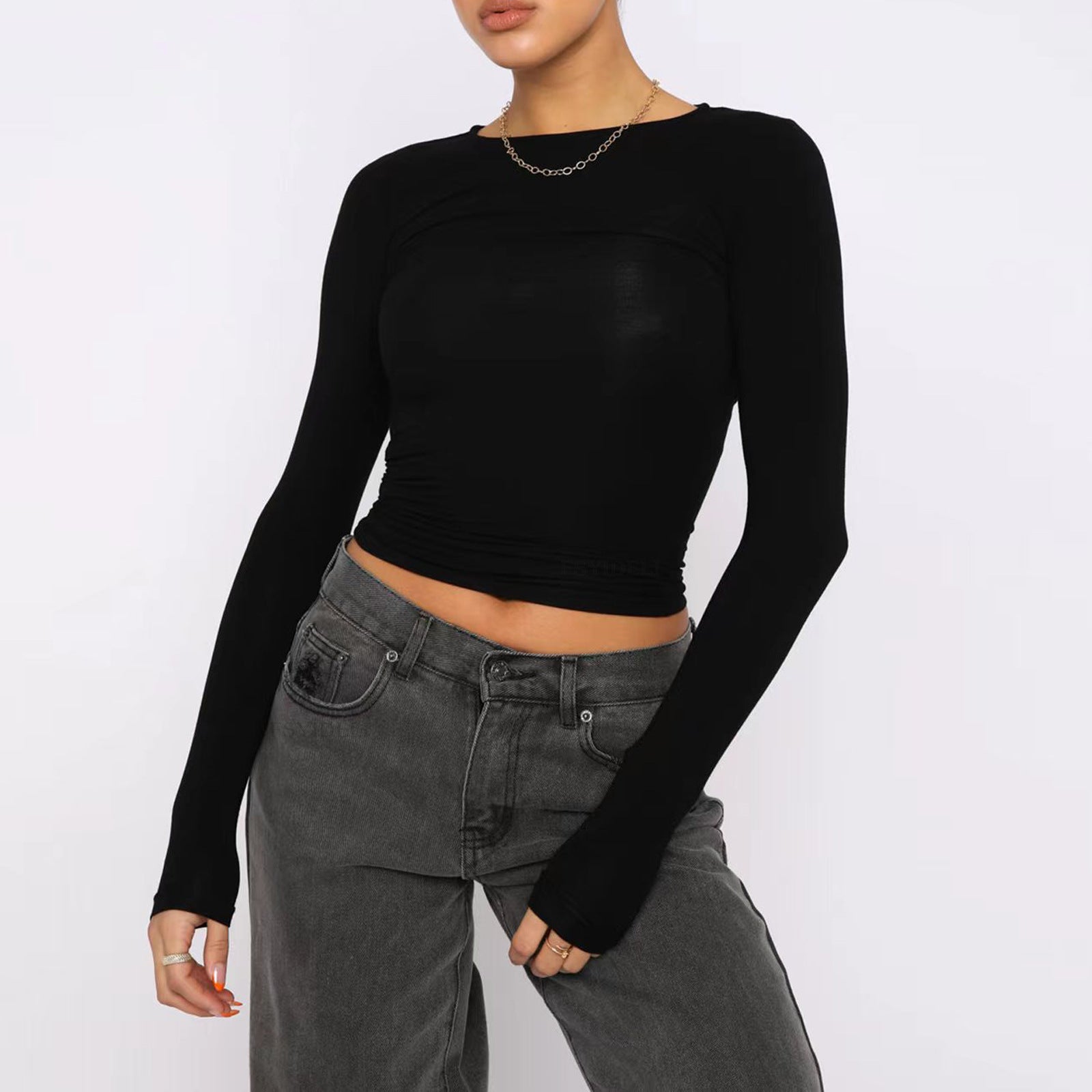 Women's Slim Fit Long Sleeve Pullover Tops - Solid Color Casual Shirt