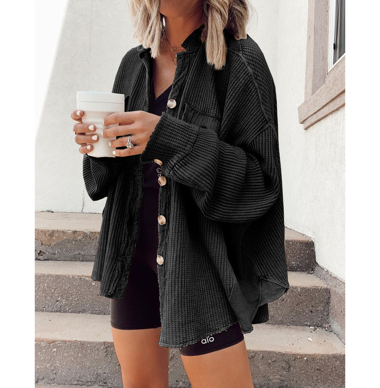 Women's Oversized Button Down Shirt Jacket - Lapel Long Sleeve Blouse Shacket Casual Fashion Top