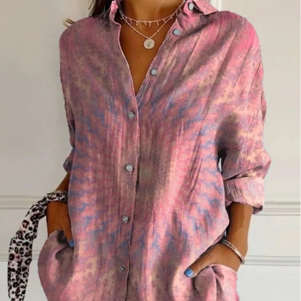 Women's Lapel Long Sleeve Pleated Shirt - Single Breasted Button Down Blouse Casual Elegant Tops