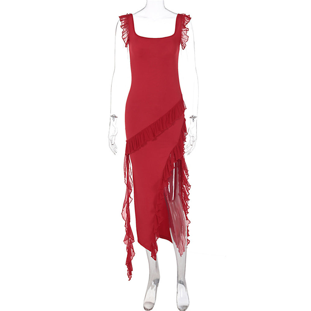 Sexy Ruffle Slit Maxi Dress – Spaghetti Strap Backless Party Dress