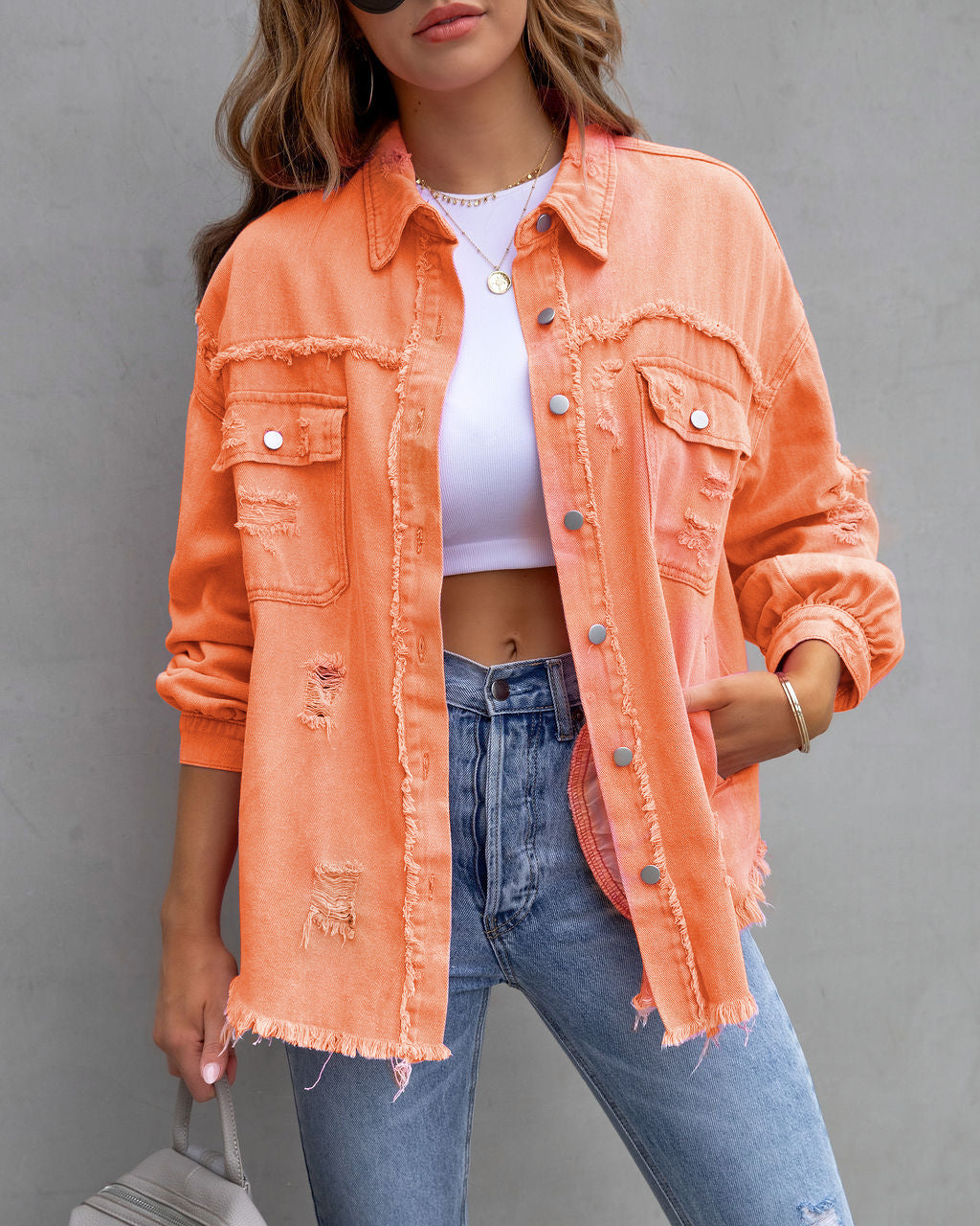 Women's Ripped Shirt Jacket - Lapel Long Sleeve Distressed Denim Shacket Casual Autumn Spring Tops