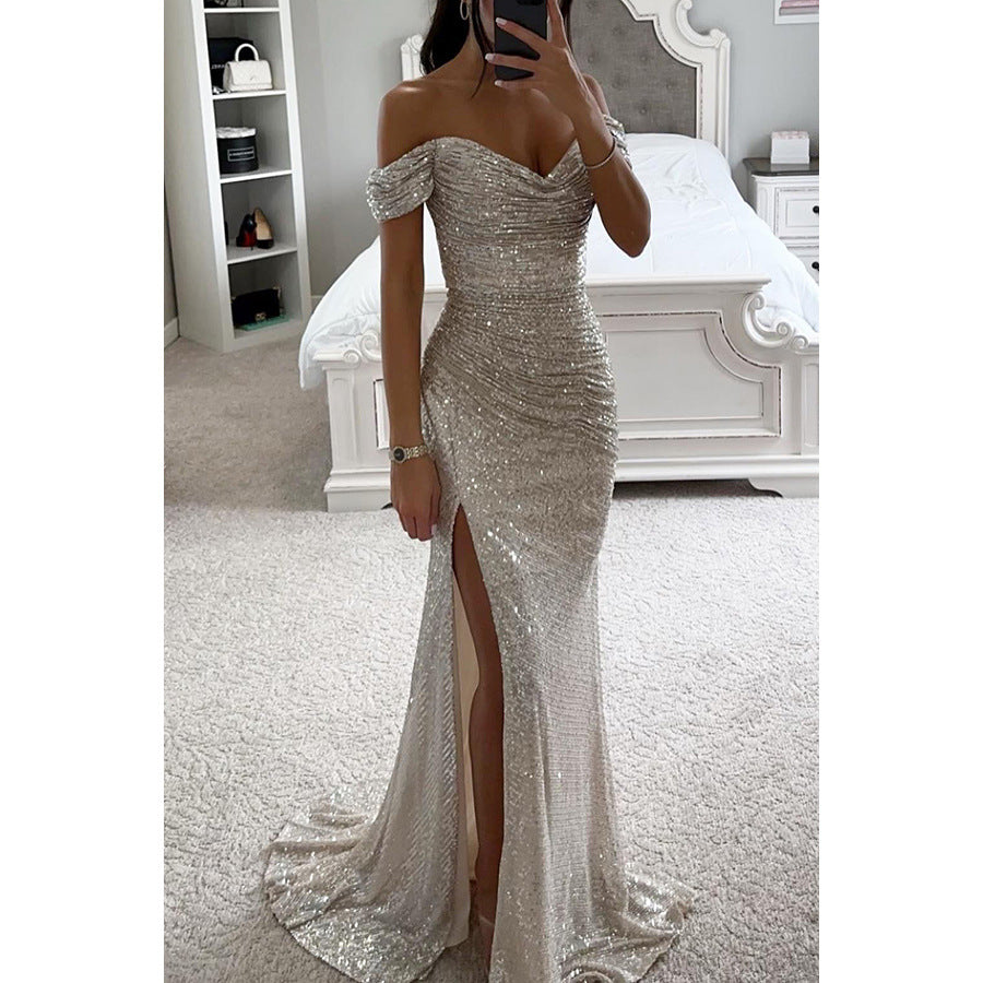 Women's Sequin Off-Shoulder Split Party Dress - Slim Fit Charming Casual Fashion Midi/Mini