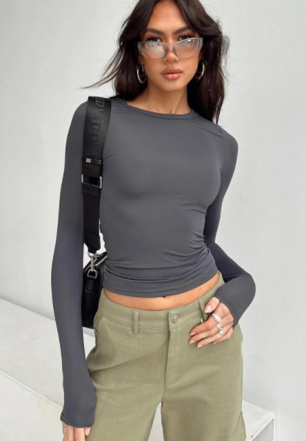 Women's Slim Fit Long Sleeve Pullover Tops - Solid Color Casual Shirt