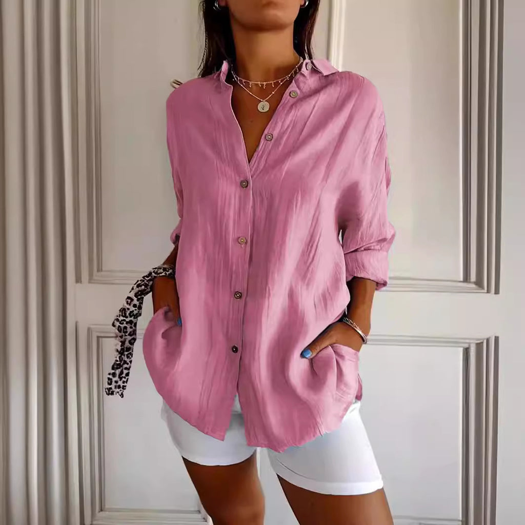 Women's Lapel Long Sleeve Pleated Shirt - Single Breasted Button Down Blouse Casual Elegant Tops