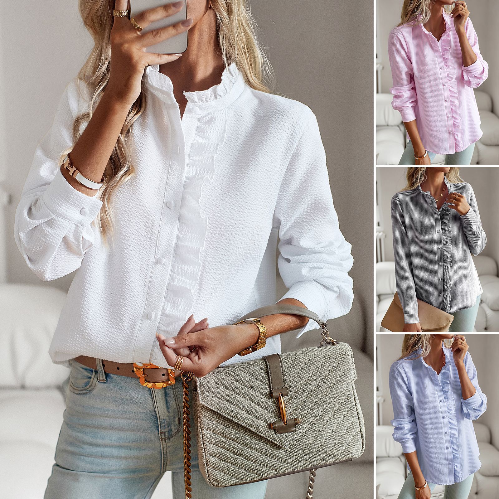 Women's Striped Long Sleeve Ruffle Button Up Shirt - Casual Office Blouse Elegant Top