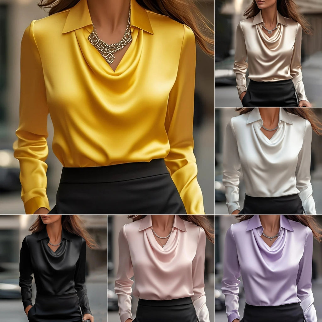 Women's Swing Collar Draped Satin Blouse - Solid Long Sleeve Elegant Office Pullover Top