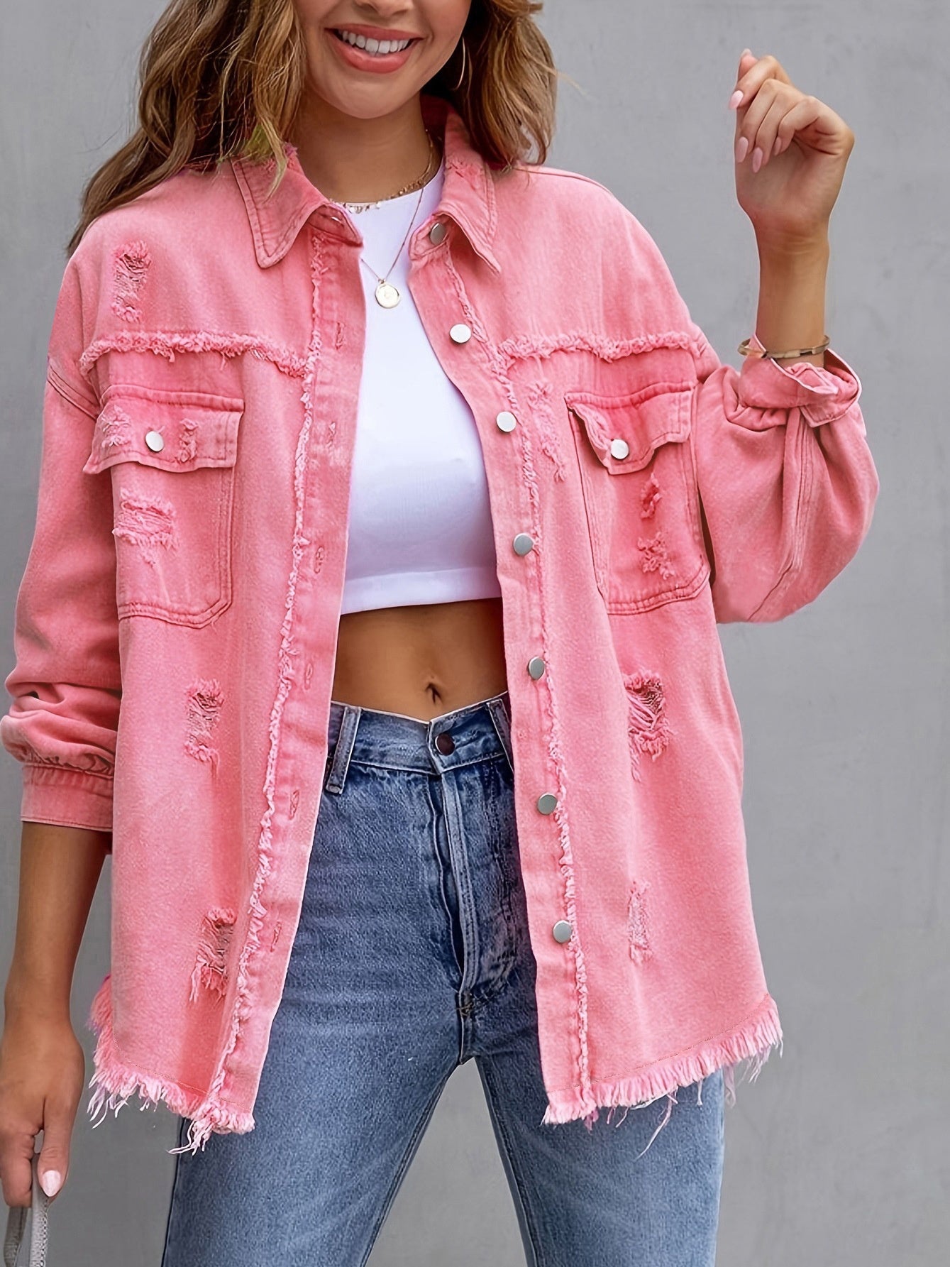 Women's Ripped Shirt Jacket - Lapel Long Sleeve Distressed Denim Shacket Casual Autumn Spring Tops