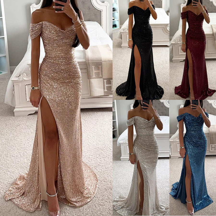 Women's Sequin Off-Shoulder Split Party Dress - Slim Fit Charming Casual Fashion Midi/Mini