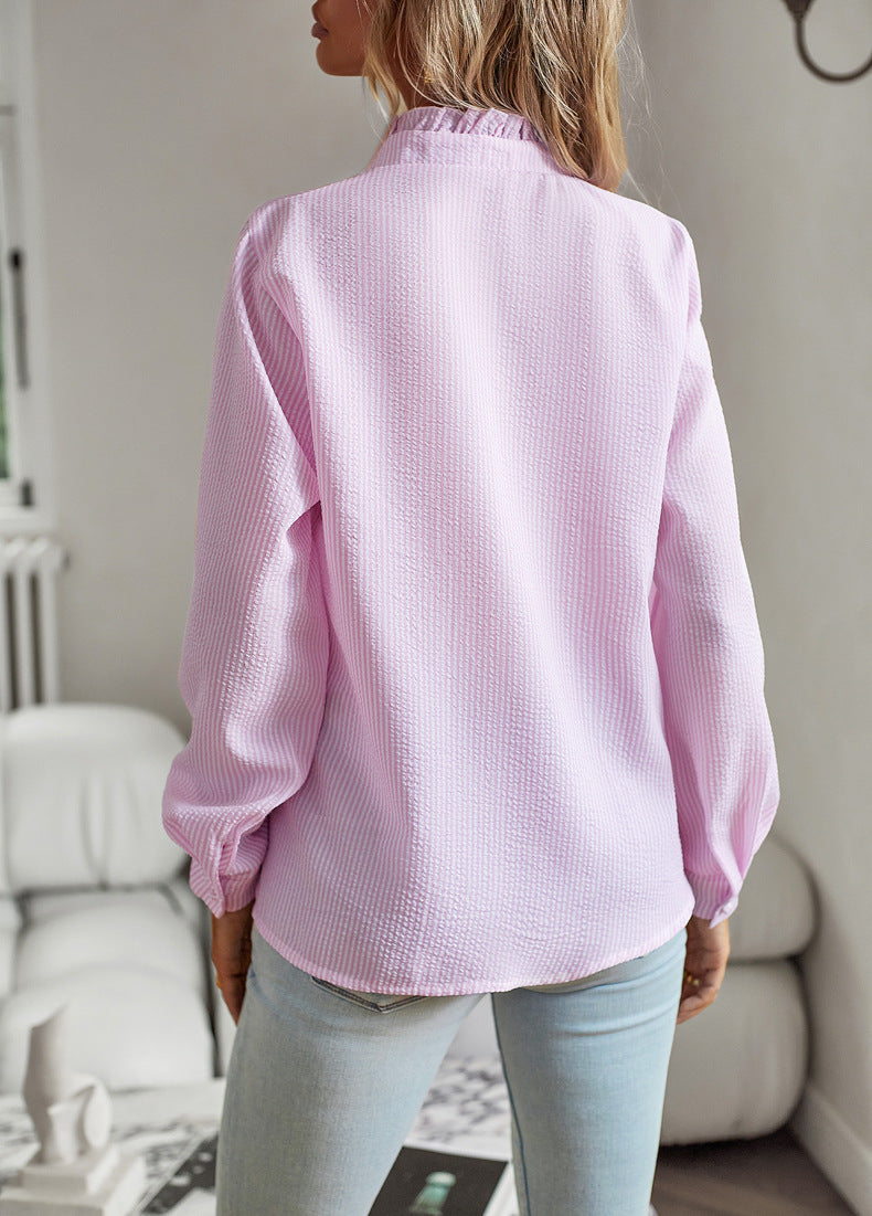 Women's Striped Long Sleeve Ruffle Button Up Shirt - Casual Office Blouse Elegant Top