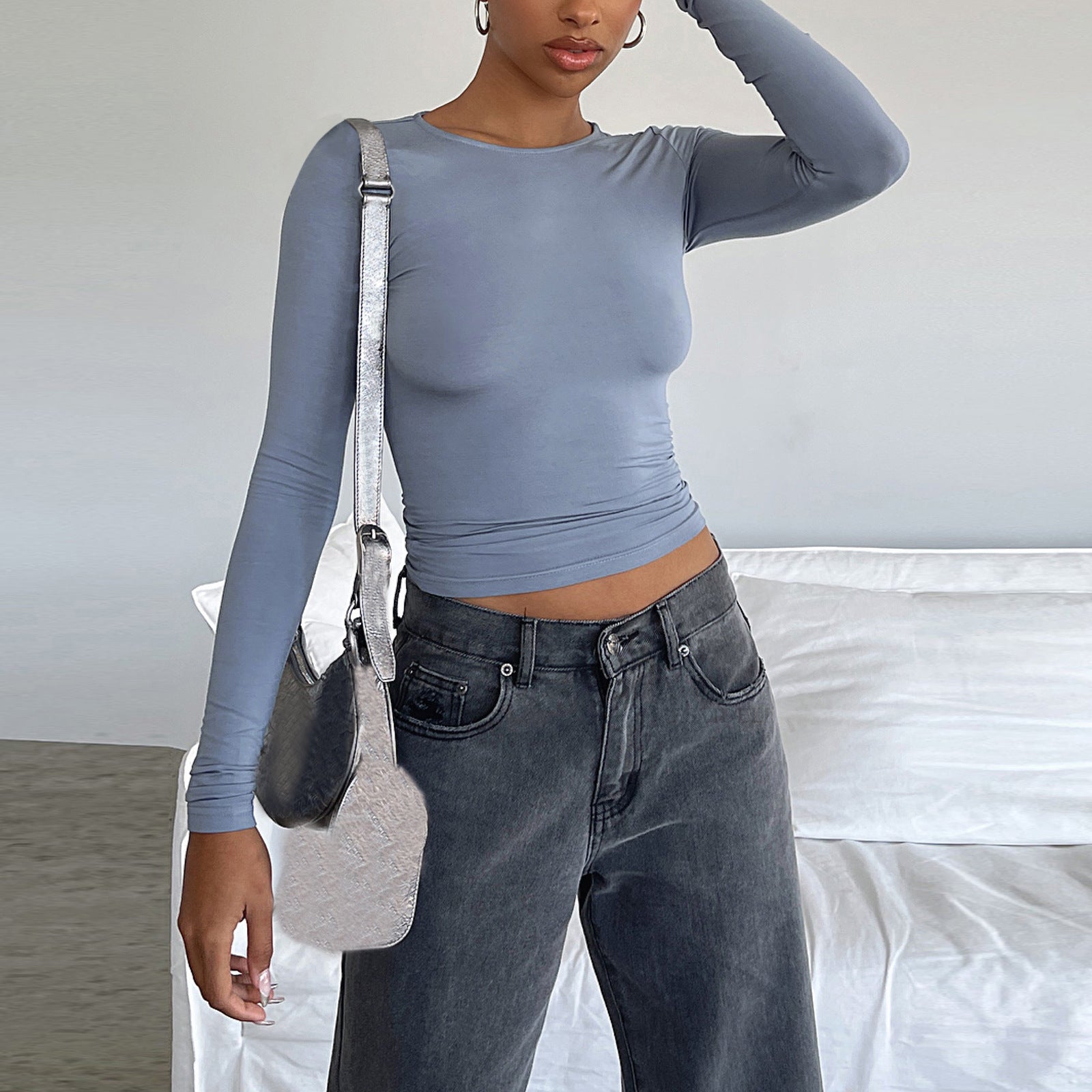 Women's Slim Fit Long Sleeve Pullover Tops - Solid Color Casual Shirt