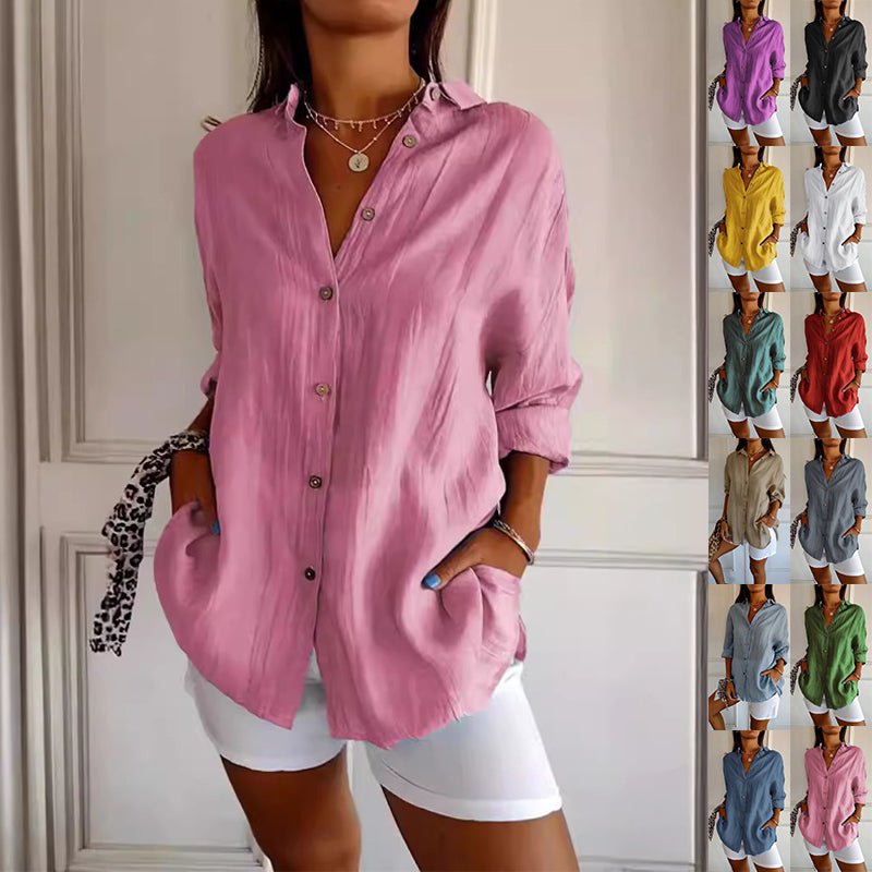 Women's Lapel Long Sleeve Pleated Shirt - Single Breasted Button Down Blouse Casual Elegant Tops